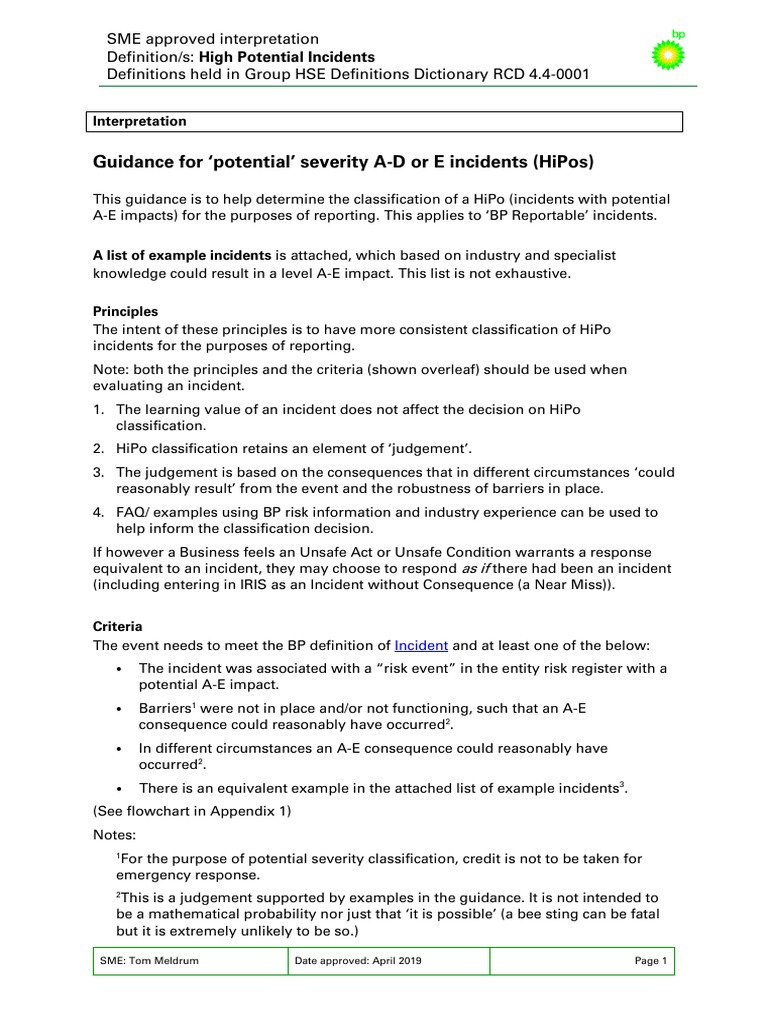 High Potential Incident Guidance | PDF | Traffic Collision | Risk