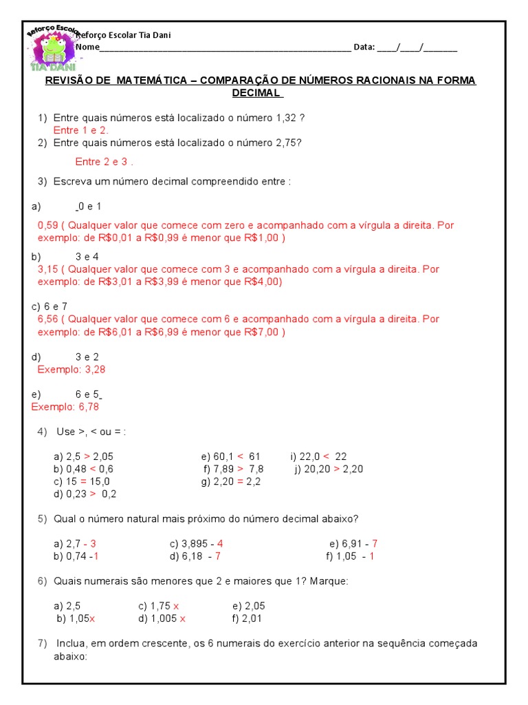 ATIVIDADE DE FIXAÇÃO DE MATEMÁTICA - Nº 5 - COMPARAÇÃO DE NUMEROS DECIMAIS  