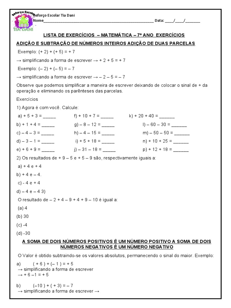 Adição e Subtração Com Números Inteiros (1) FFFF | PDF | Matemática ...