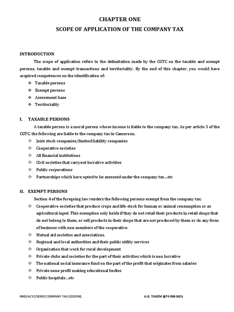 Company Tax (Cameroon) Chapter 1 PDF Corporate Tax Taxes
