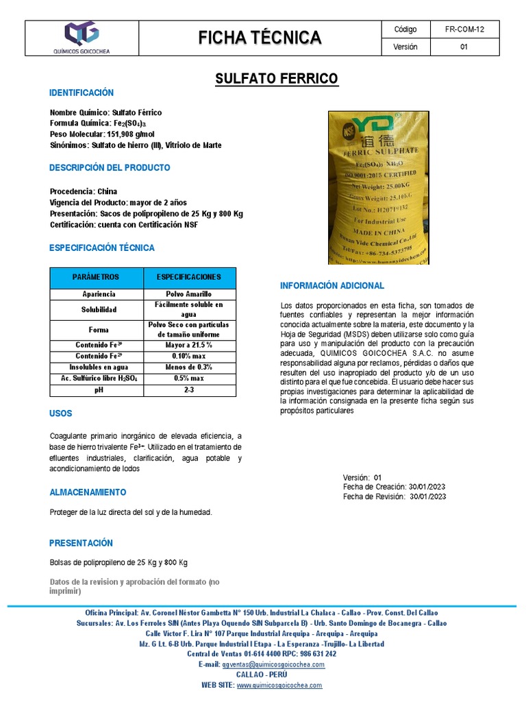 Ficha Técnica del Sulfato Férrico | PDF | Química | Sustancias químicas
