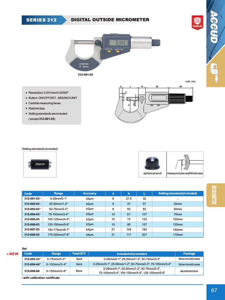 Series 312 Digital Outside Micrometer PDF Metrology Measuring