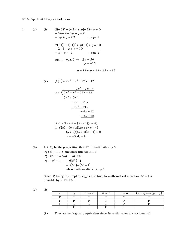 Cape Pure Maths 2016 Unit 1 Paper 2 Solutions | PDF