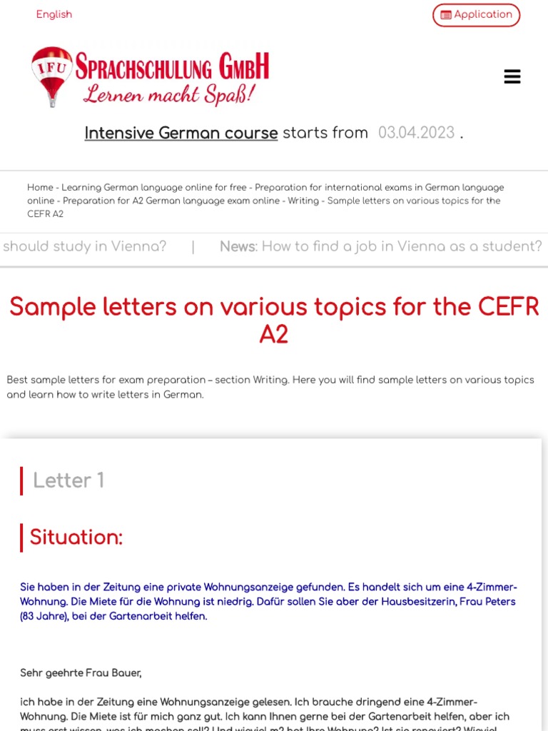 Sample Letters On Various Topics For The CEFR A2 - IFU Sprachschule | PDF