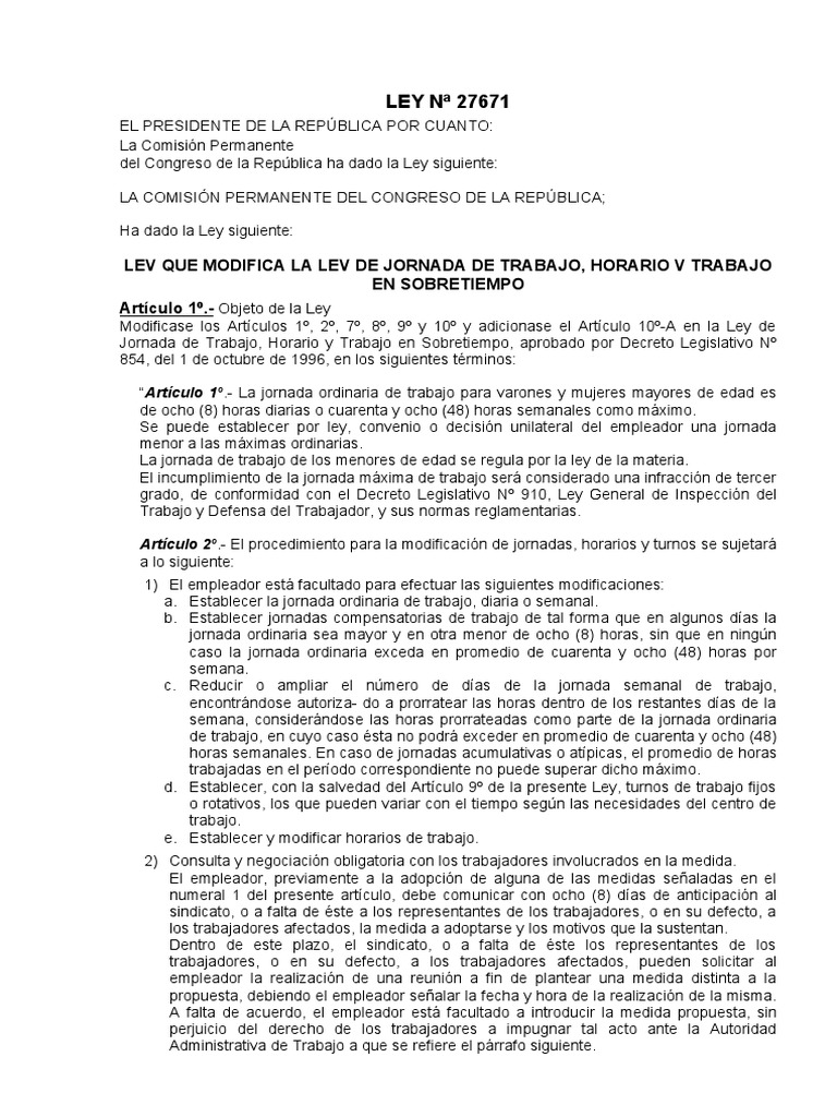 Modificaciones a la Ley 27671 de Trabajo | PDF