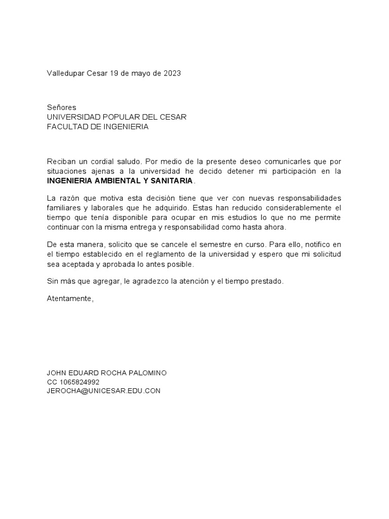 Carta de Cancelacion de Semestre | PDF