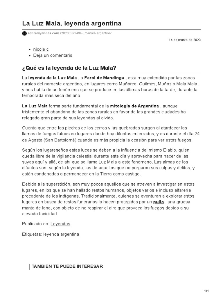 La Luz Mala Leyenda Argentina | PDF