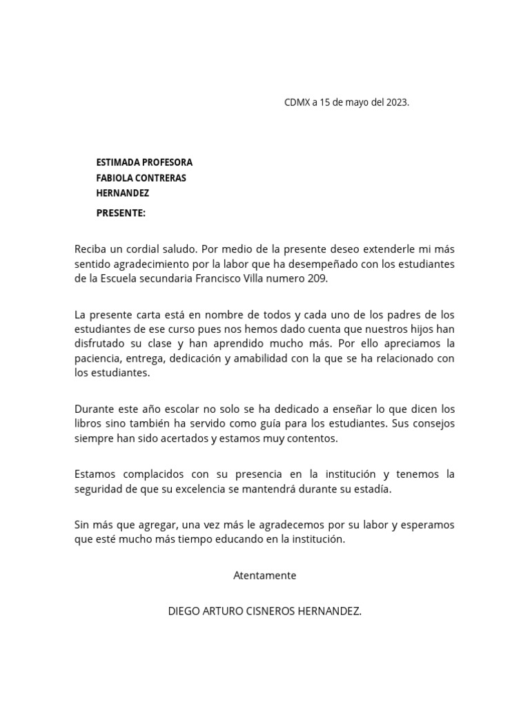Agradecimiento a la Profesora Fabiola | PDF | Salud y bienestar