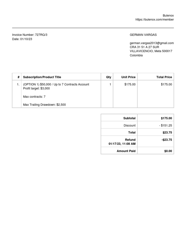 Bulenox Invoice 727RQ | PDF
