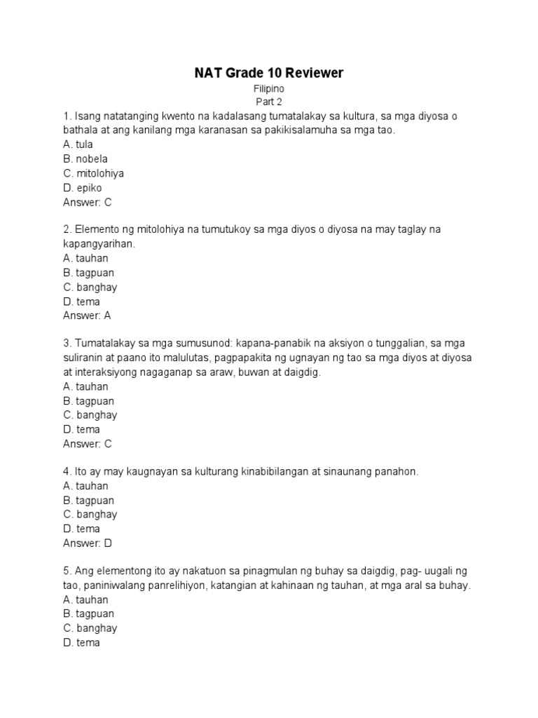 Nat Grade 10 Reviewer Filipino Part 1 2 Pdf