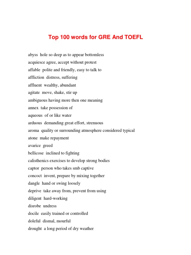 Top 100 TOEFL Writing Vocabulary | PDF | Psychology | Psychological ...
