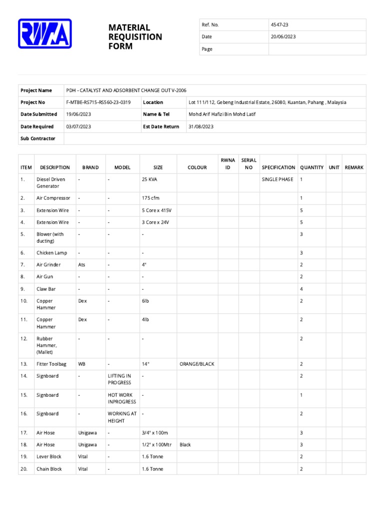 Industrial Equipment Request Form | PDF | Equipment | Tools