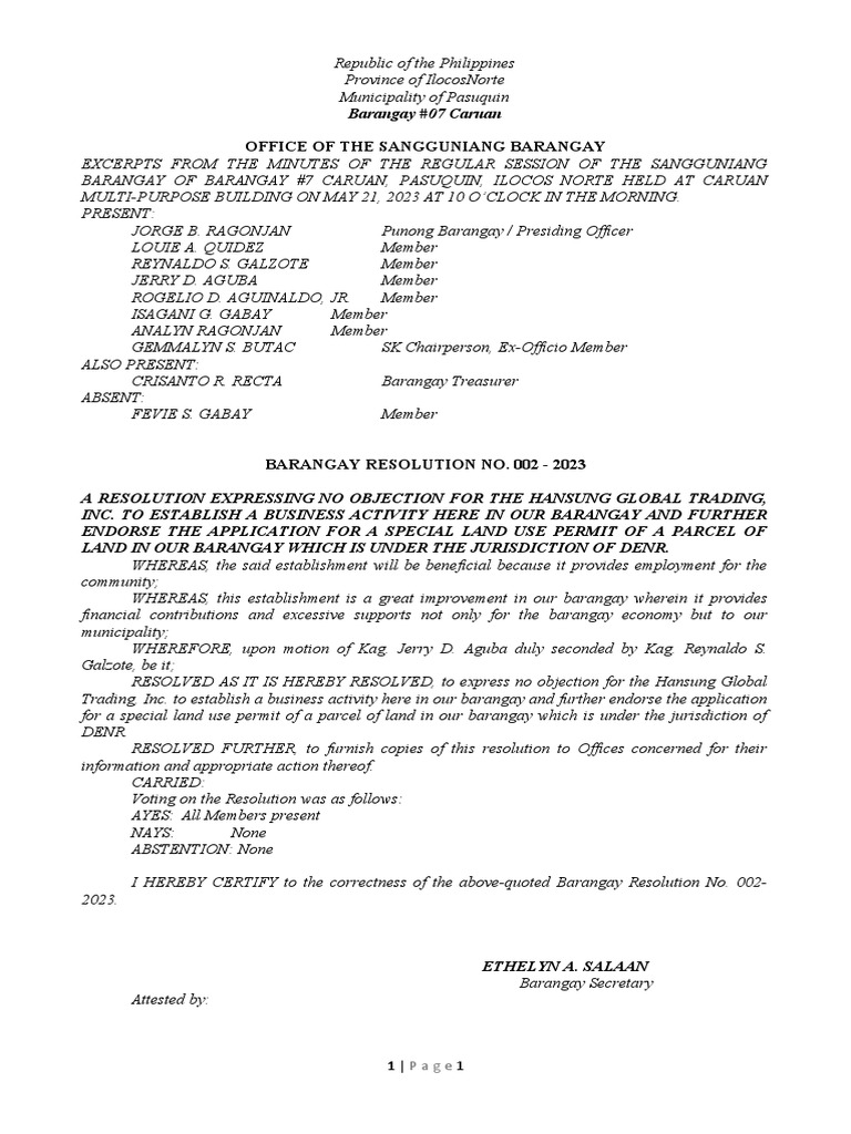 Resolution 001-2023 No Objection | PDF
