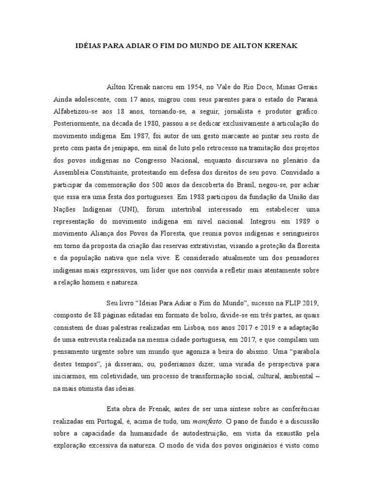 Resenha Idéias para Adiar o Fim Do Mundo de Ailton Krenak | PDF