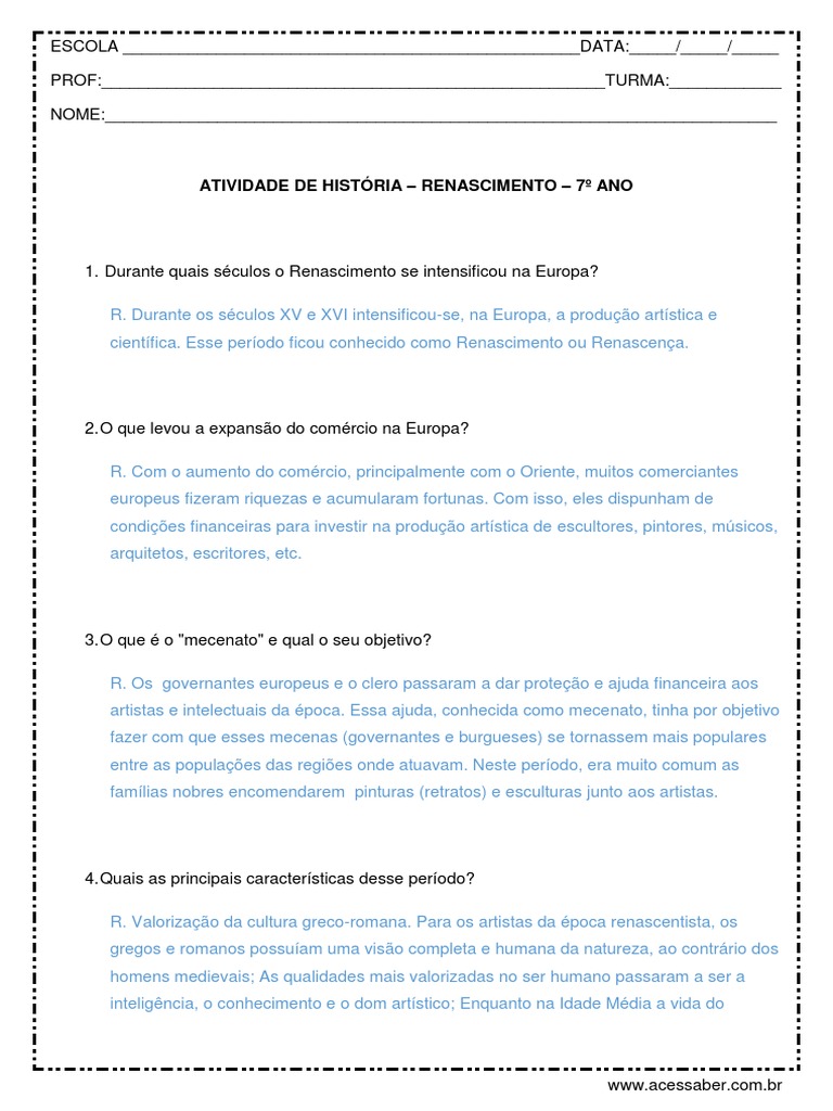 Atividade de Historia Renascimento 7º Ano Com Resposta | PDF | Renascimento