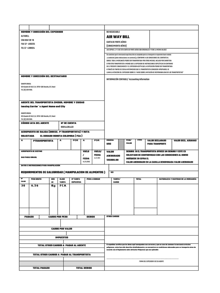 Modelo de Air Waybill Awb o Conocimiento Aereo | PDF | Economias
