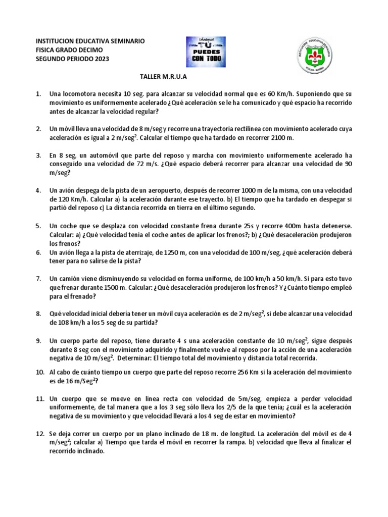 Taller mrua 2023 pdf velocidad aceleraci n