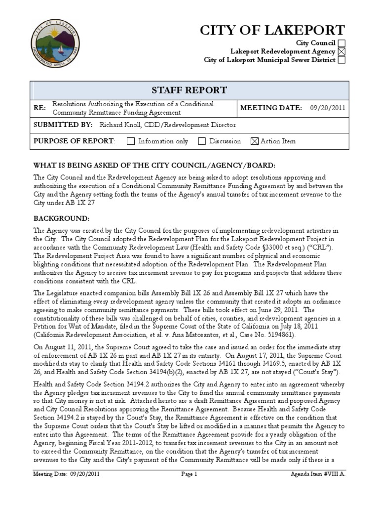 Lakeport City Council Redevelopment PDF Supreme Court Of The