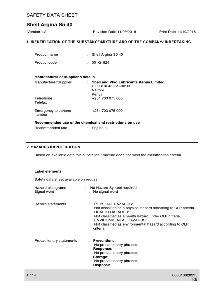 Shell Argina S5 40 Safety Data Sheet | PDF | Personal Protective ...