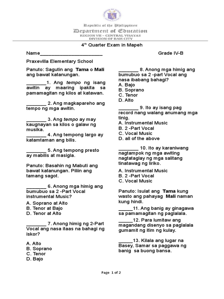 4th Quarter Exam Mapeh PDF