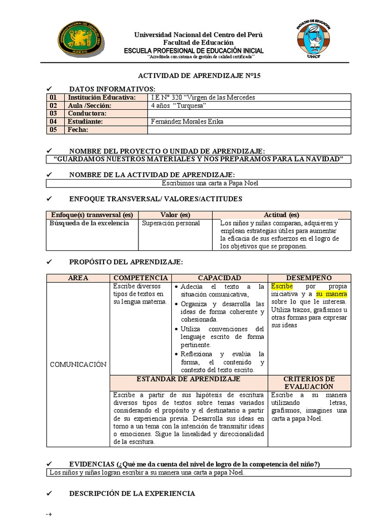 Actividad de Aprendizaje N15 | PDF | Educación de la primera infancia ...
