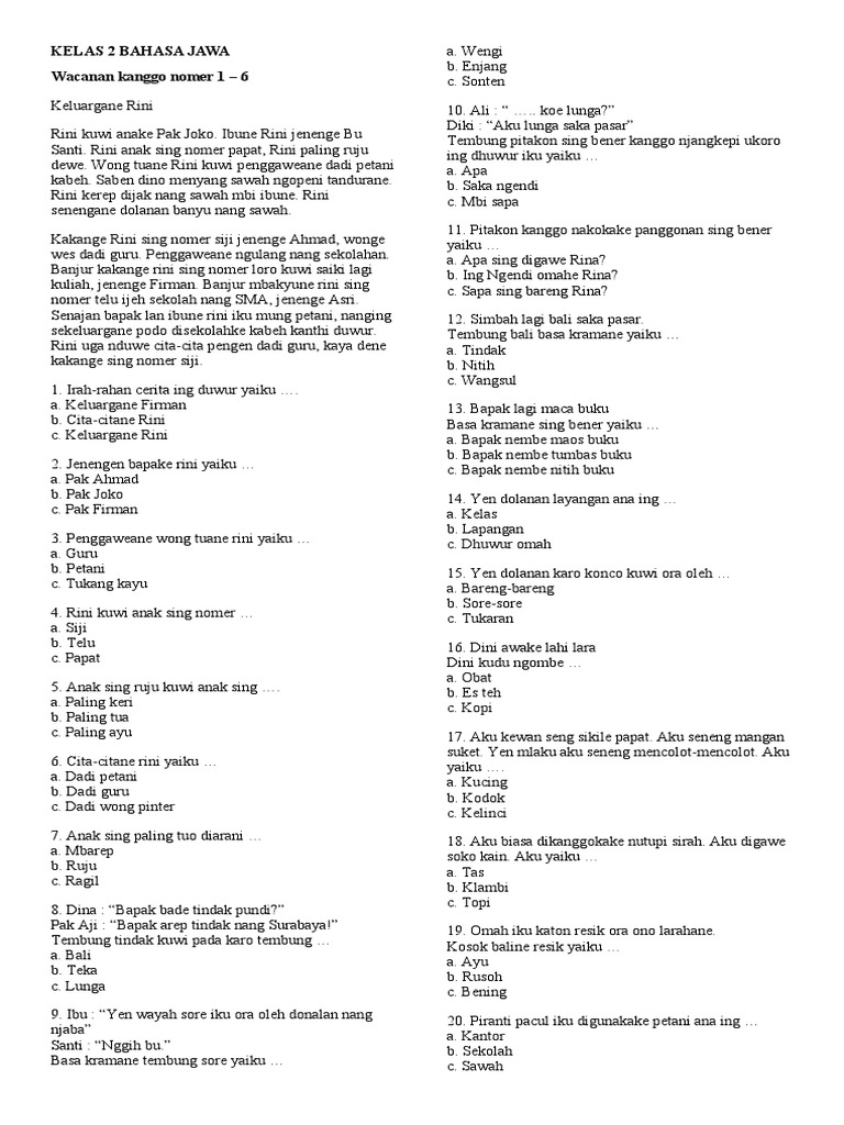 Contoh soal latihan sd kelas 2 bahasa jawa semester ganjil