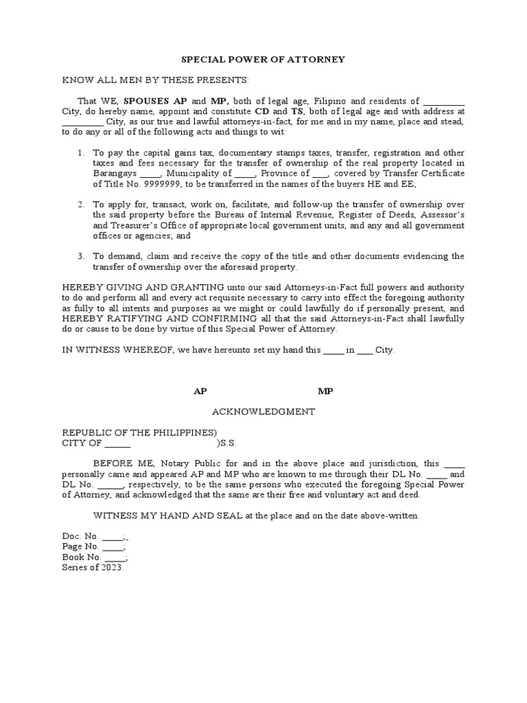 Special Power of Attorney for Title Transfer | PDF