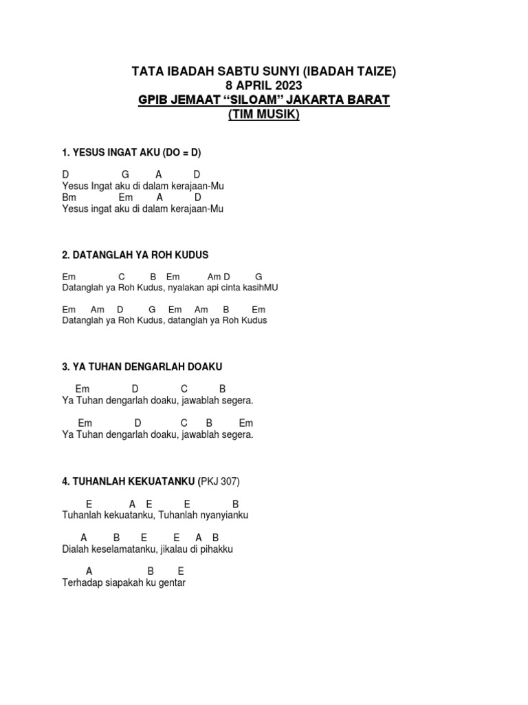 (TIM MUSIK) TATA IBADAH SABTU SUNYI 8 April 2023 | PDF