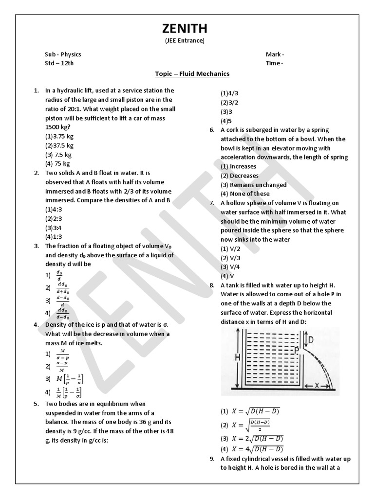 Fluid Mechanics JEE Mains Practice | PDF | Science & Mathematics