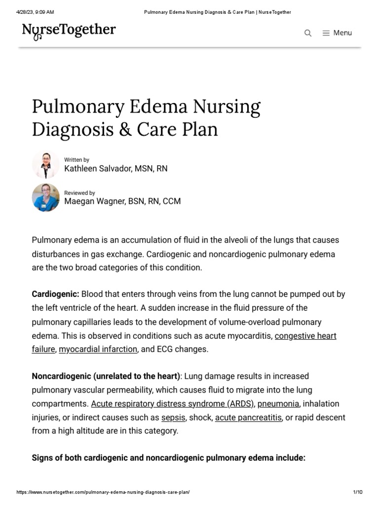 Pulmonary Edema Nursing Diagnosis & Care Plan | PDF | Heart | Lung