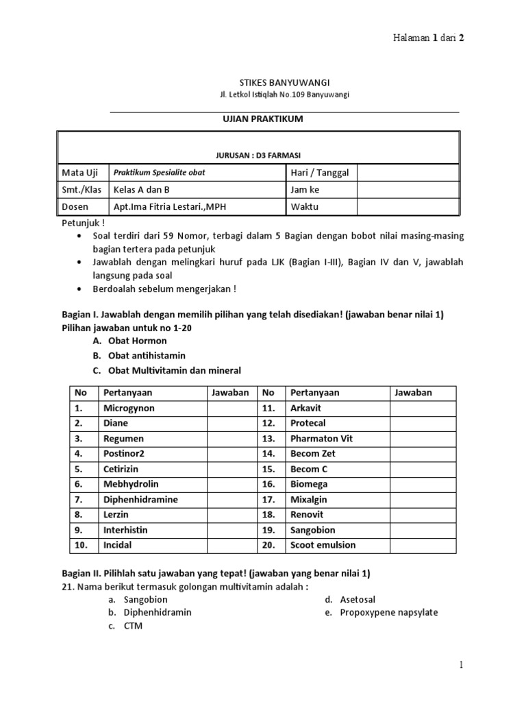 Ujian Praktikum D3 Farmasi: Regumen | PDF