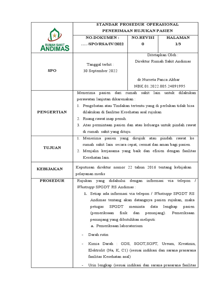 Sop PASIEN RUJUK EKSTERNAL INTERNAL FIX | PDF