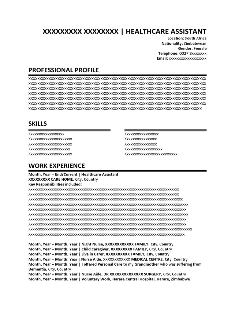CV Sample PDF Caregiver Zimbabwe