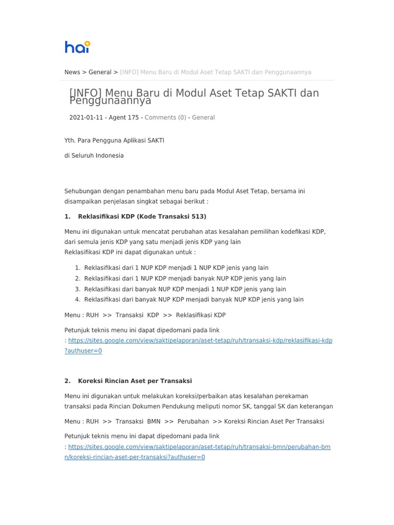 INFO Menu Baru Di Modul Aset Tetap SAKTI Dan Penggunaannya | PDF