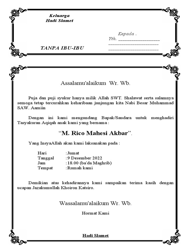 Contoh Undangan Aqiqah Anak | PDF