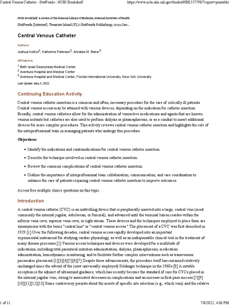 Central Venous Catheter - StatPearls - NCBI Bookshelf | PDF | Clinical ...