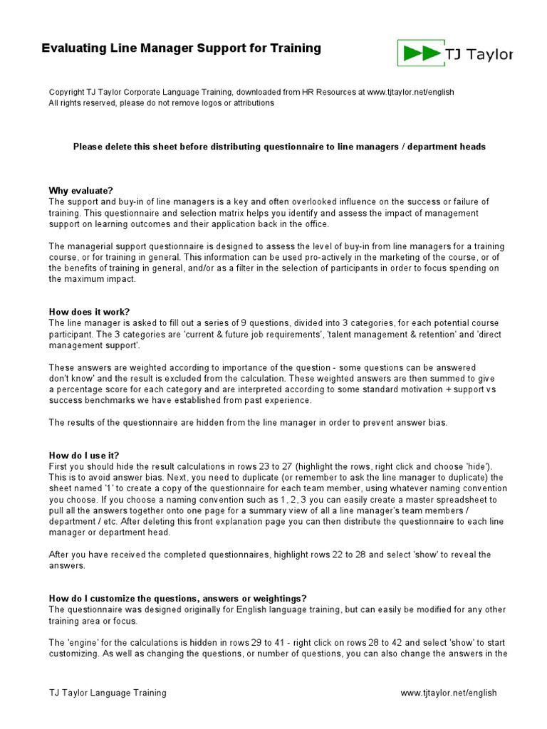 TJ Taylor Management Support For Training Selection Questionnaire | PDF ...