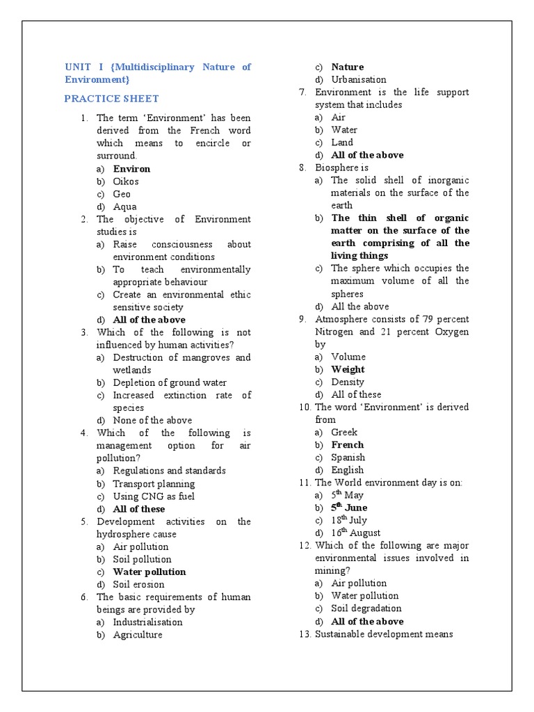 Environmental Studies Practice Sheet | PDF | Renewable Resources | Resource