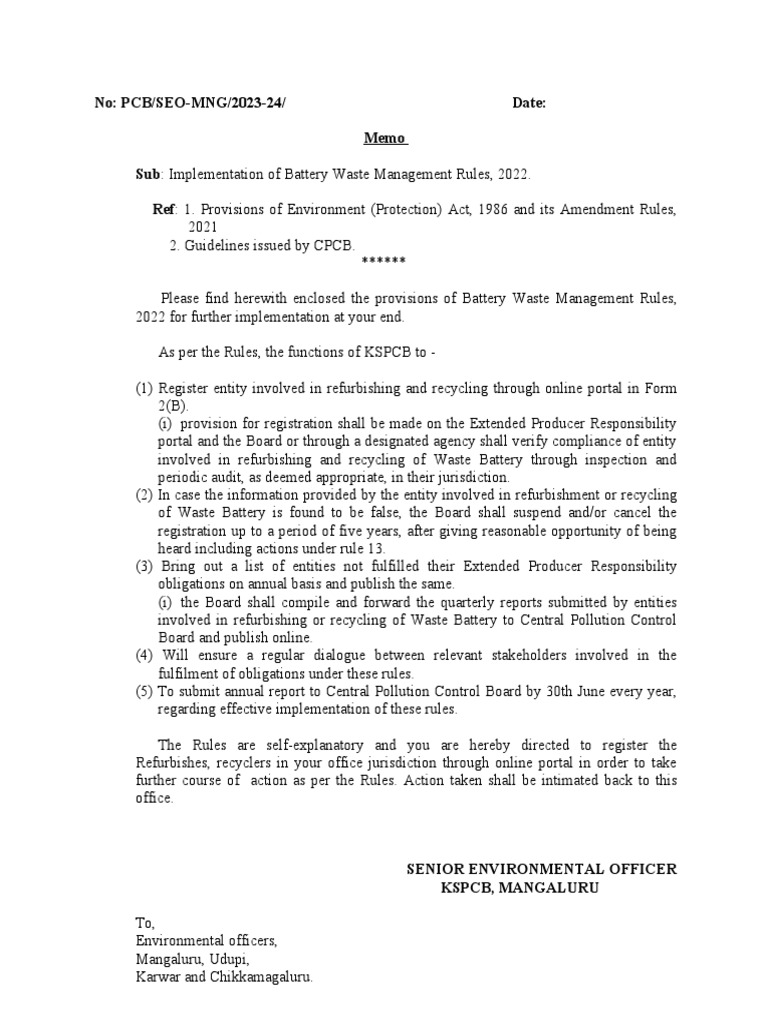 Memo On Battery Waste Management Rules, 2022 Download Free PDF