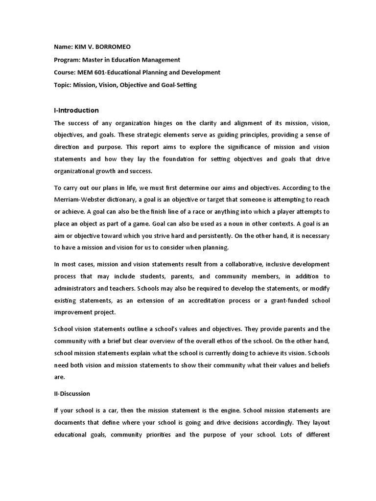 Mission and Vision in Education Management | PDF | Goal | Swot Analysis