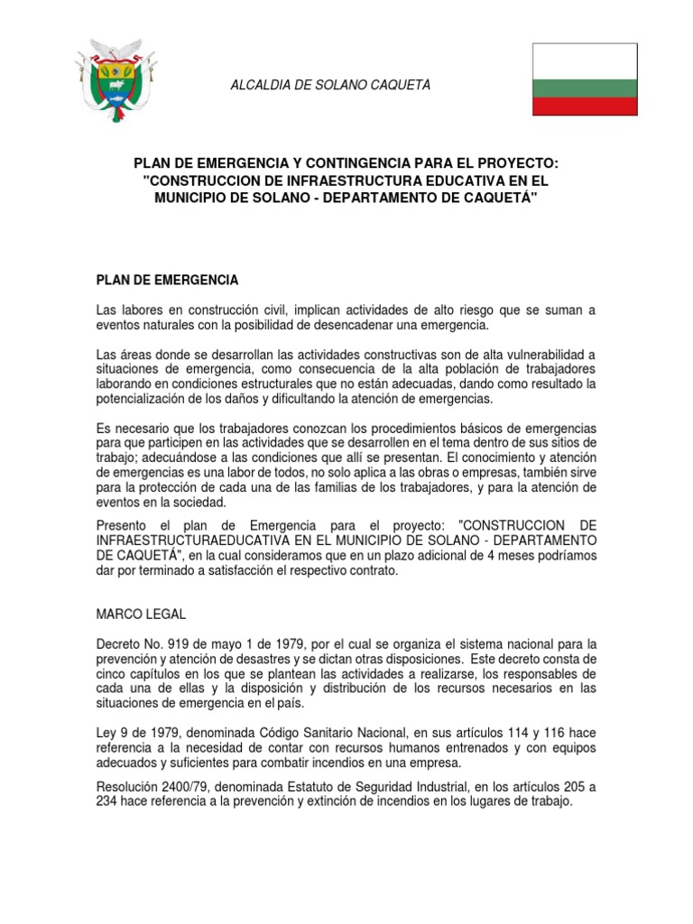 Plan de Emergencia y Contingencia Solano | PDF | Seguridad y salud ...