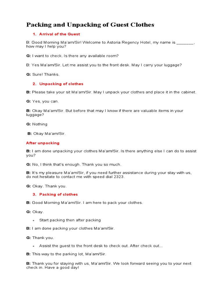Guest Luggage Packing and Unpacking Script | PDF