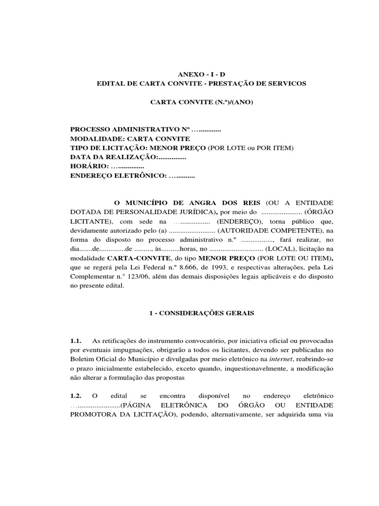 Edital de Licitação: Carta Convite Angra dos Reis | PDF | Negócios ...