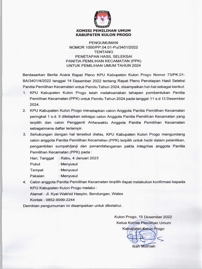 Pengumuman Penetapan Hasil Seleksi PPK Pemilu 2024 | PDF
