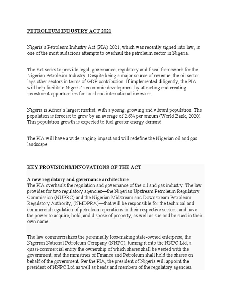 Pia Key Summary Pdf Petroleum Taxes