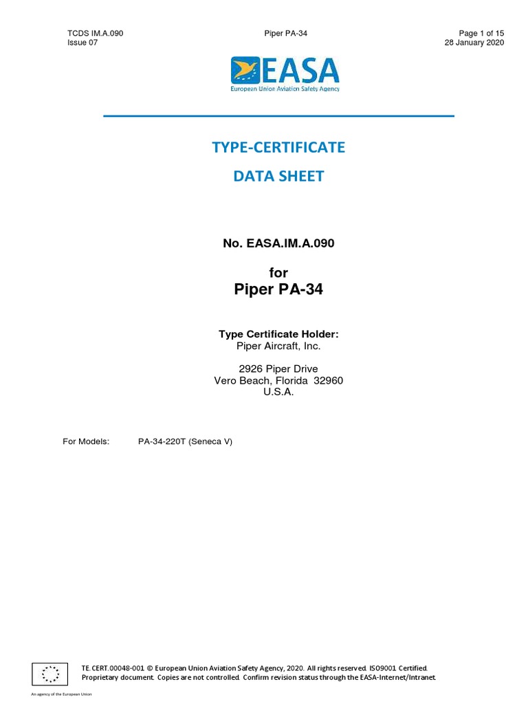 TCDS EASA - IM - .A.090 - PA34-220T - Issue 7 | PDF | Aviation | Aircraft