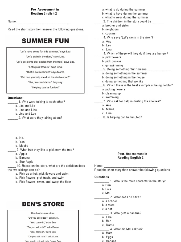 Prepost Reading Materials Grade 2 PDF