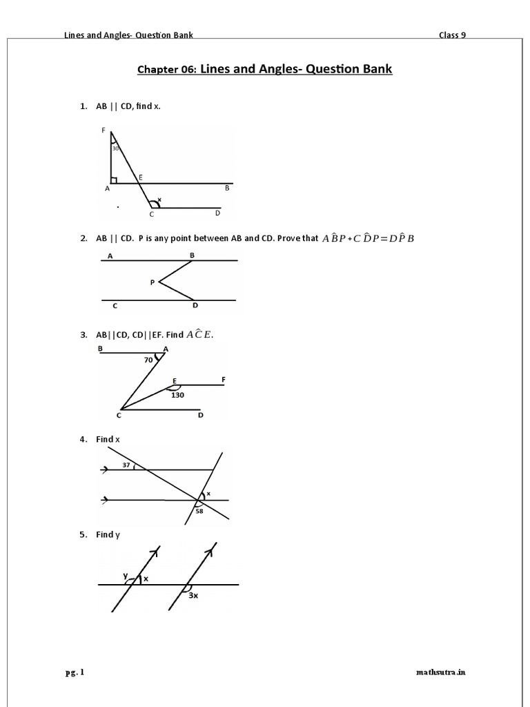 Class IX 06 Lines and Angles Question Bank PDF Angle Euclidean Plane Geometry
