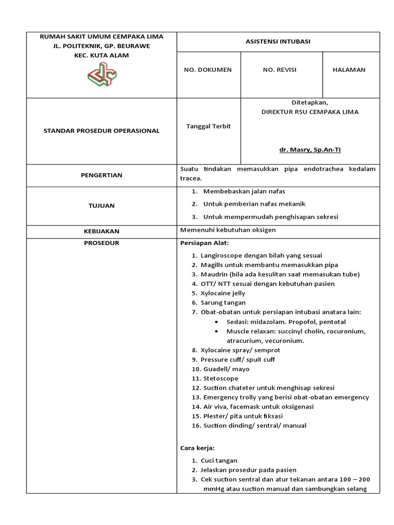 Format Sop Asistensi Intubasi | PDF