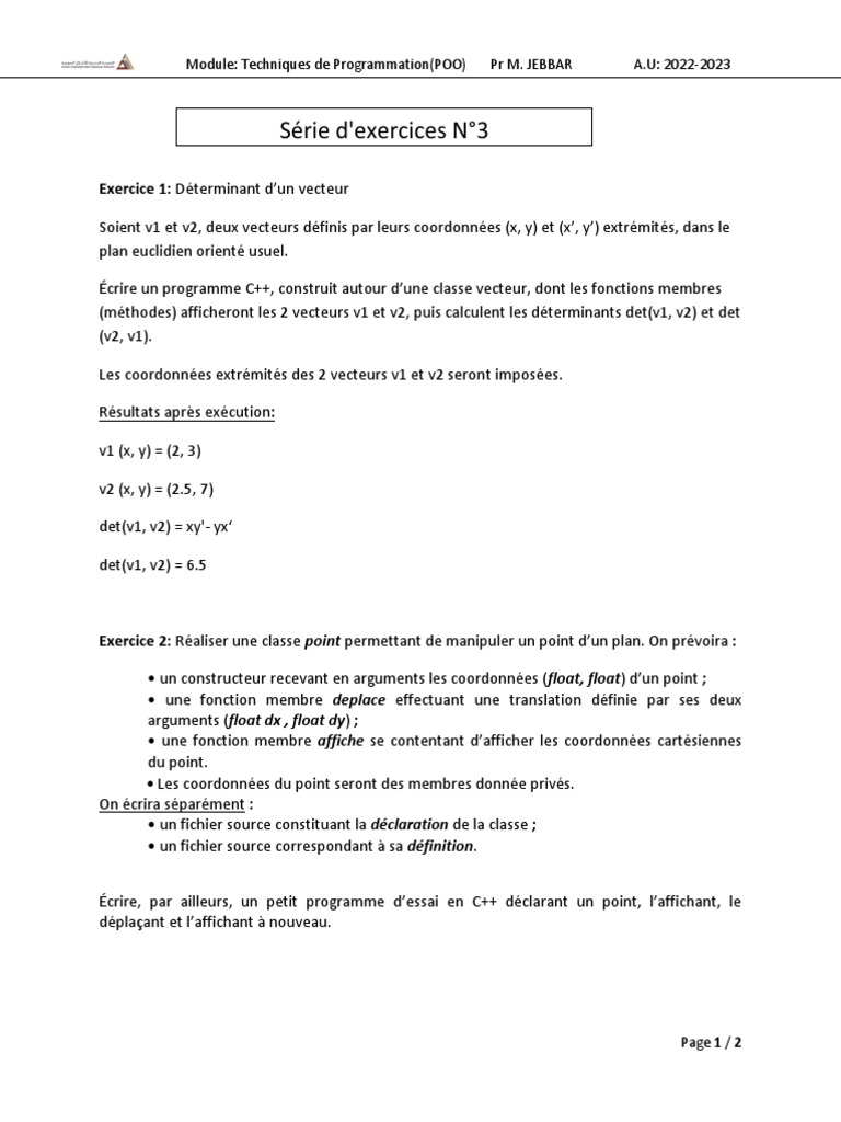 Exercices C++ sur la POO et les vecteurs | PDF | Coordonnées ...